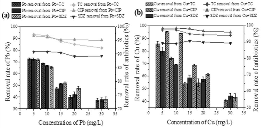 Method for synchronously removing antibiotic and heavy metal combined pollution in water