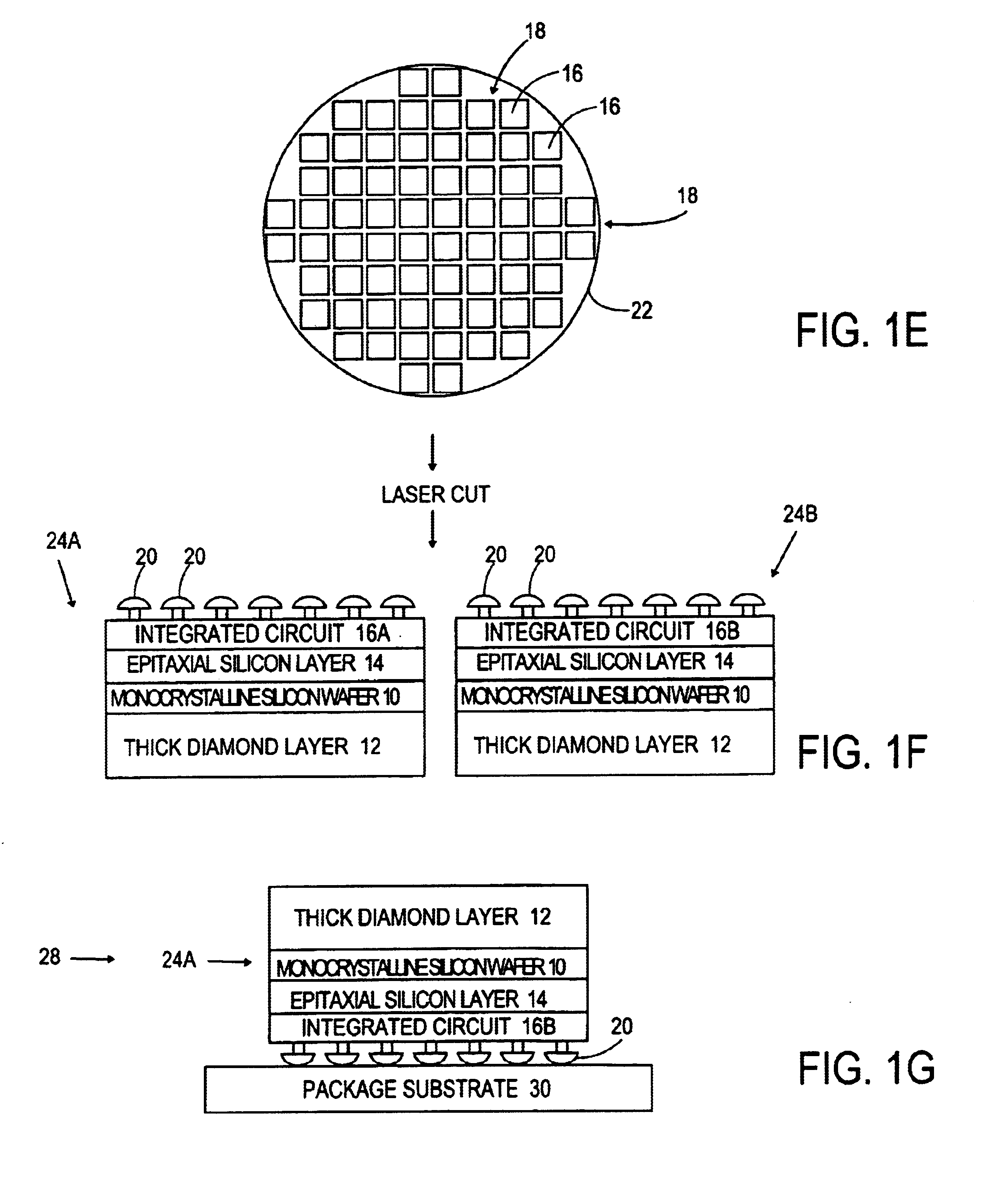 Method of forming electronic dies wherein each die has a layer of solid diamond