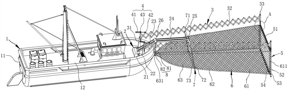 A front-extended trawling device for fishing boats based on surface fishing