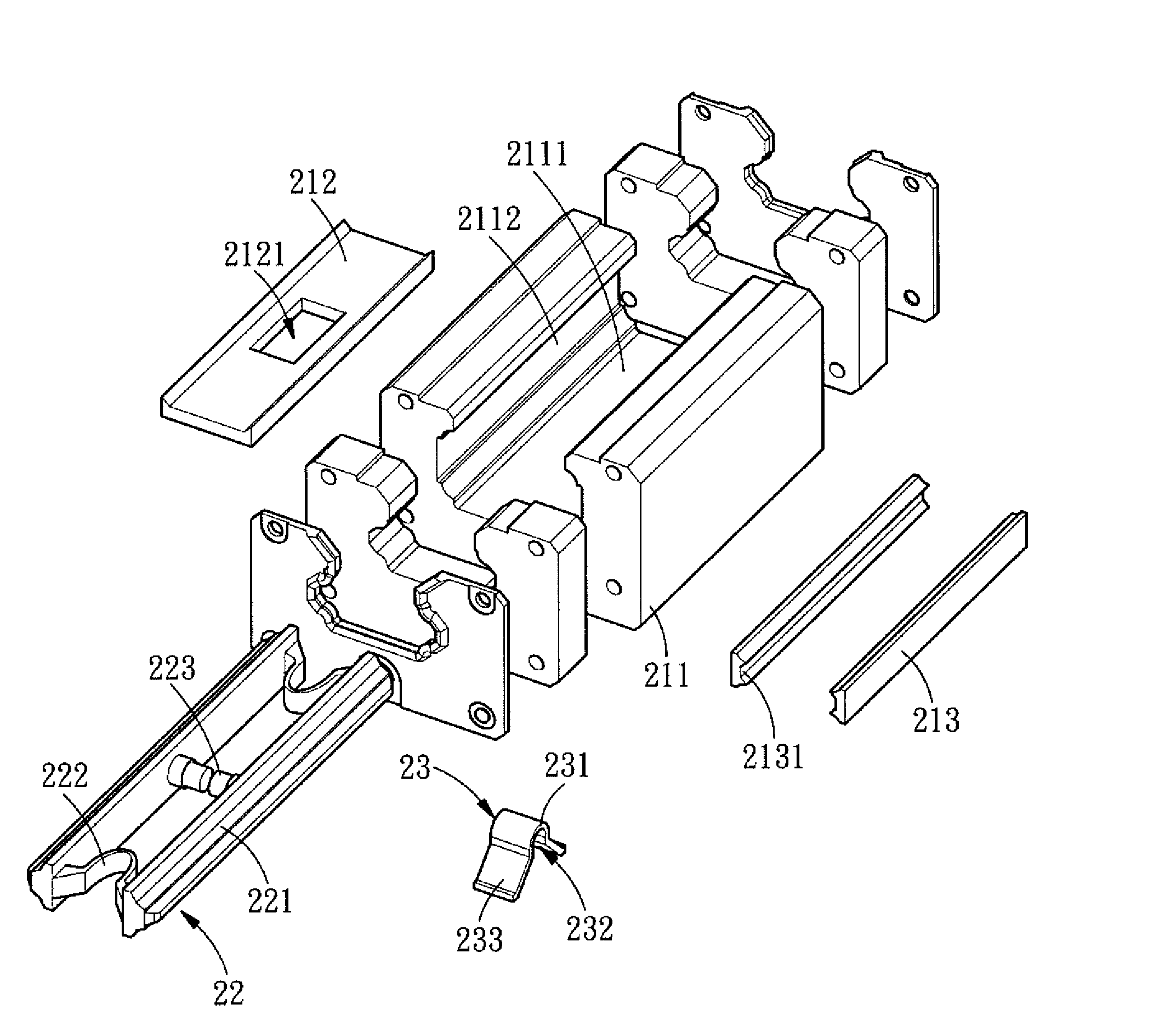 Retaining device for a linear transmission system