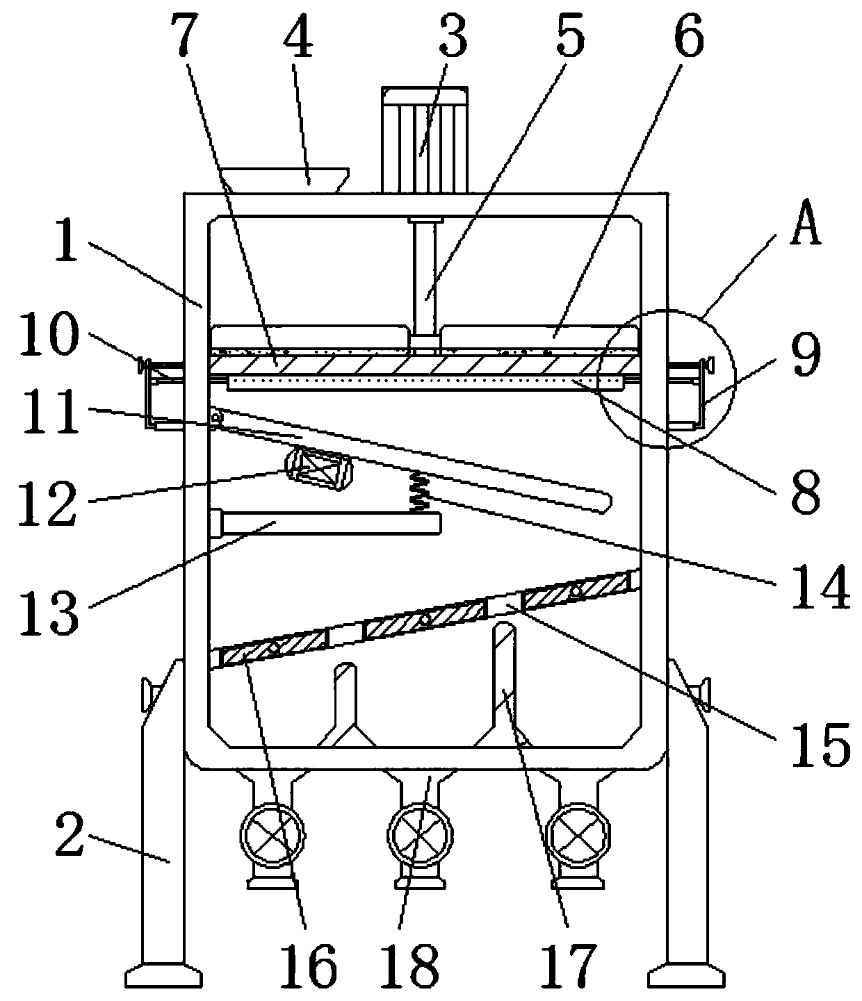 Raw material sieving device with adjustable hole diameters and used for oil processing