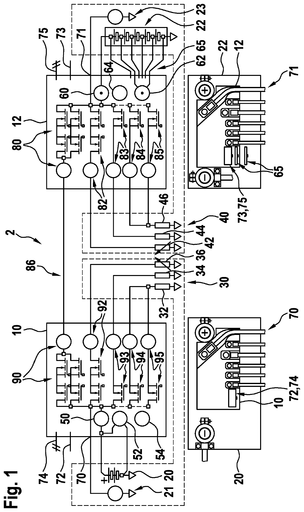 Battery terminal with a star-point connection switch configuration for a vehicle electrical system