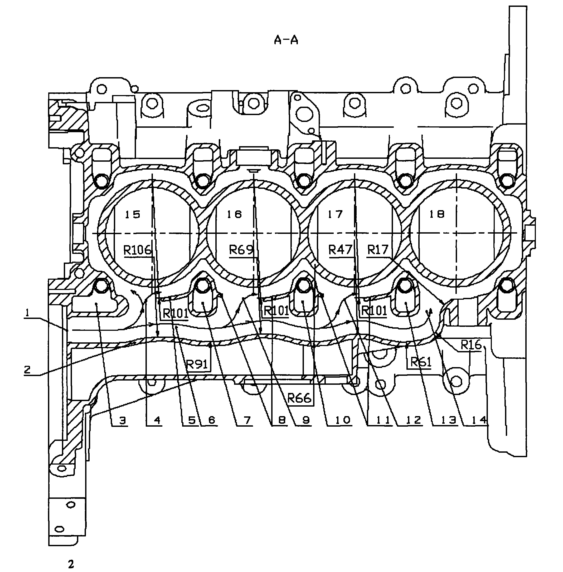 Cylinder cooling water channel structure and engine
