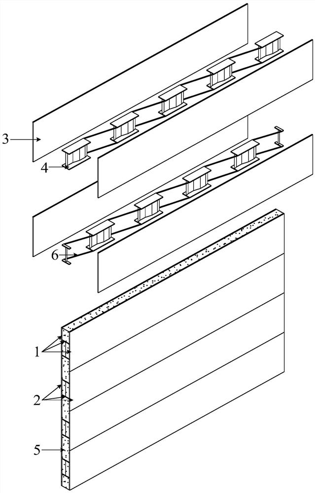 A double-layer steel plate composite shear wall with horizontally staggered I-shaped steel members with corrugated webs