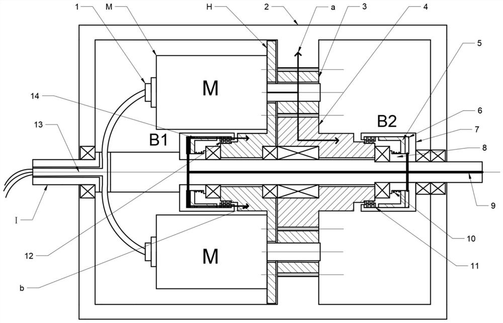 Multi-gear hub transmission with three motors and two brakes