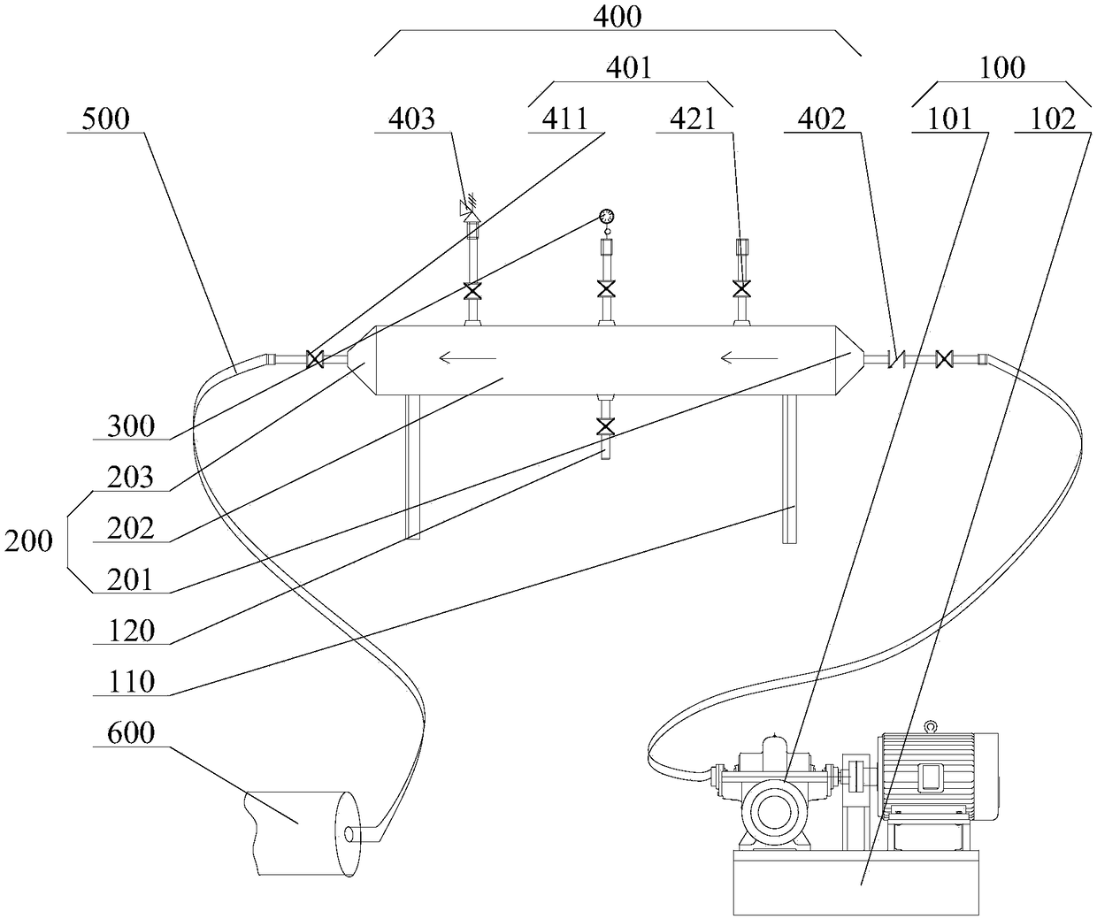 Pipeline pressure test device and pipeline pressure test system