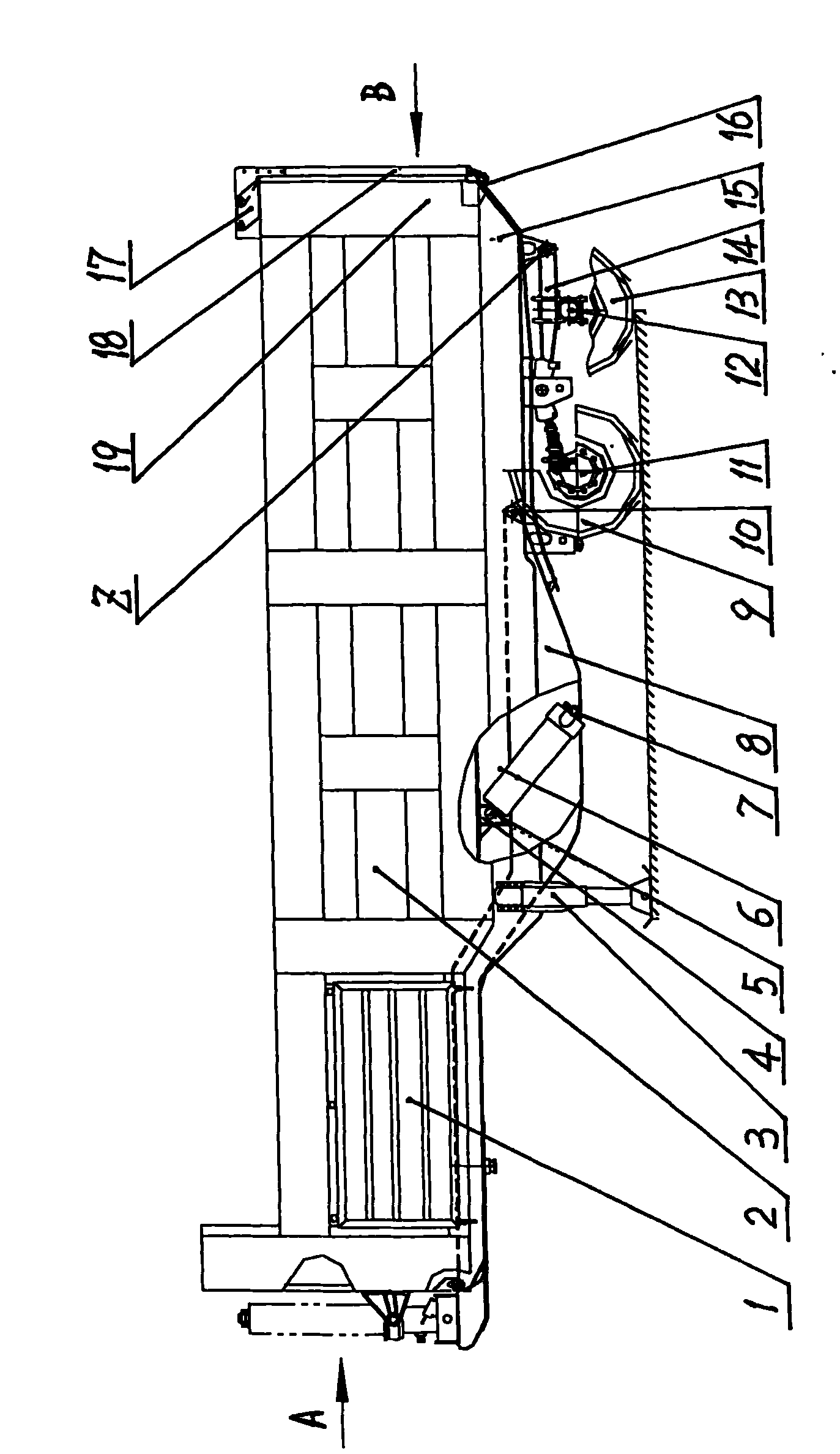 Turnover-type self-discharging semitrailer with low gravity centre supported by rear hub