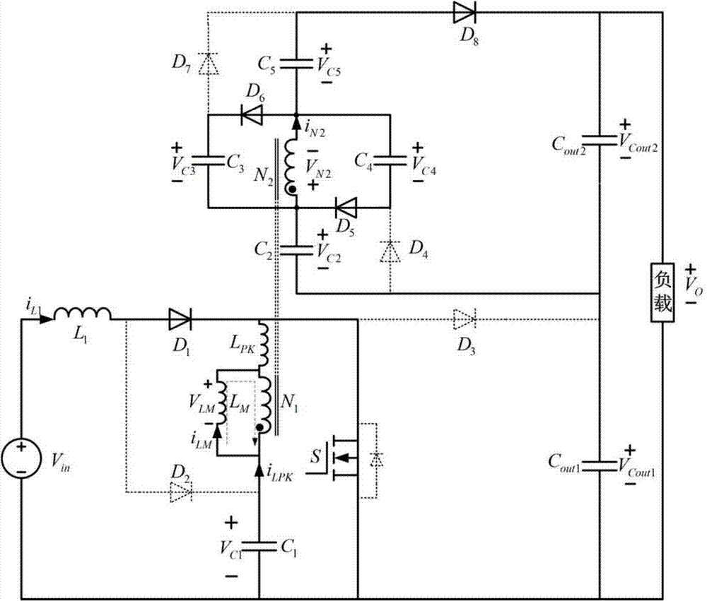 Secondary type high-gain boosting converter with switched capacitors and coupled inductor