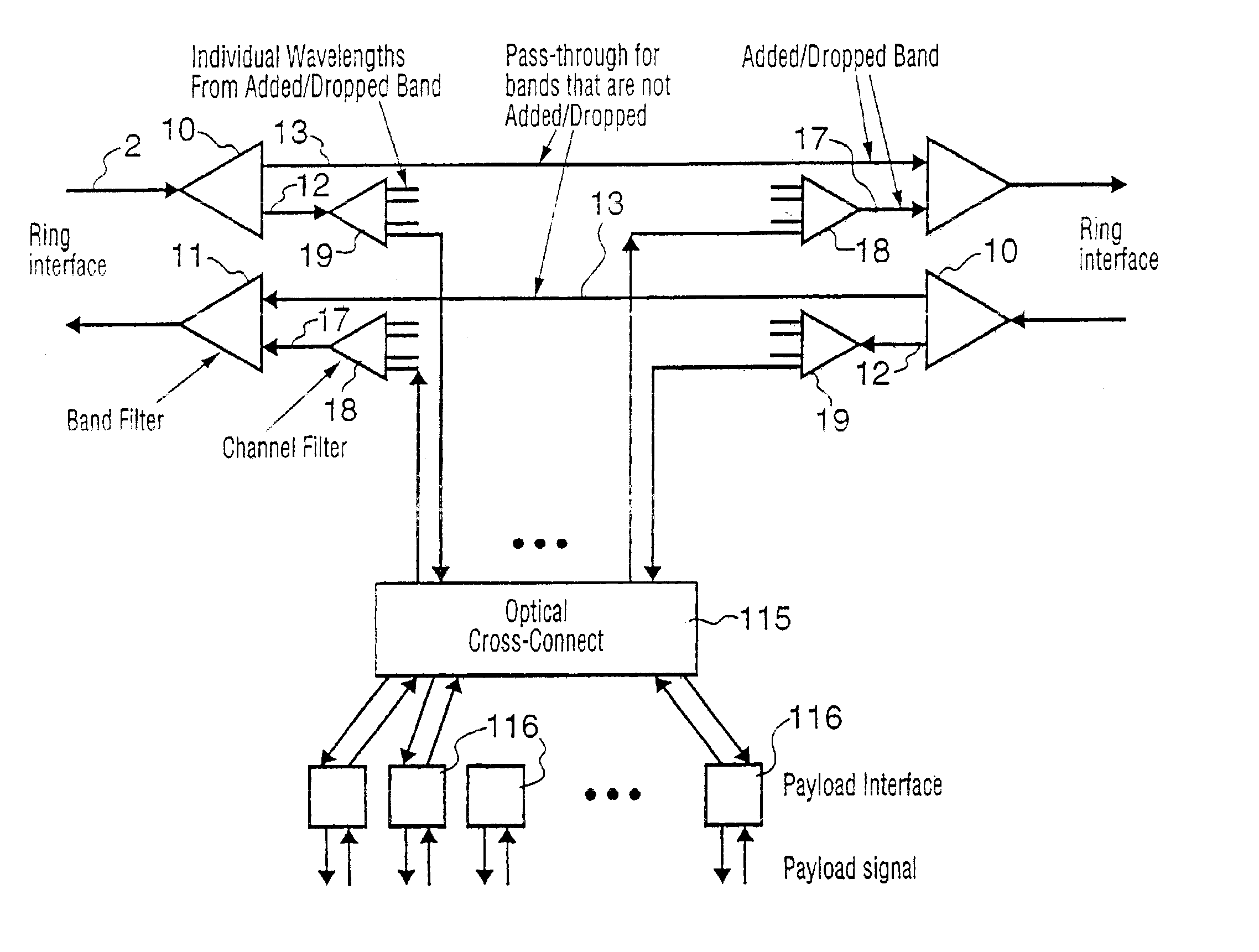 WDM optical network with passive pass-through at each node