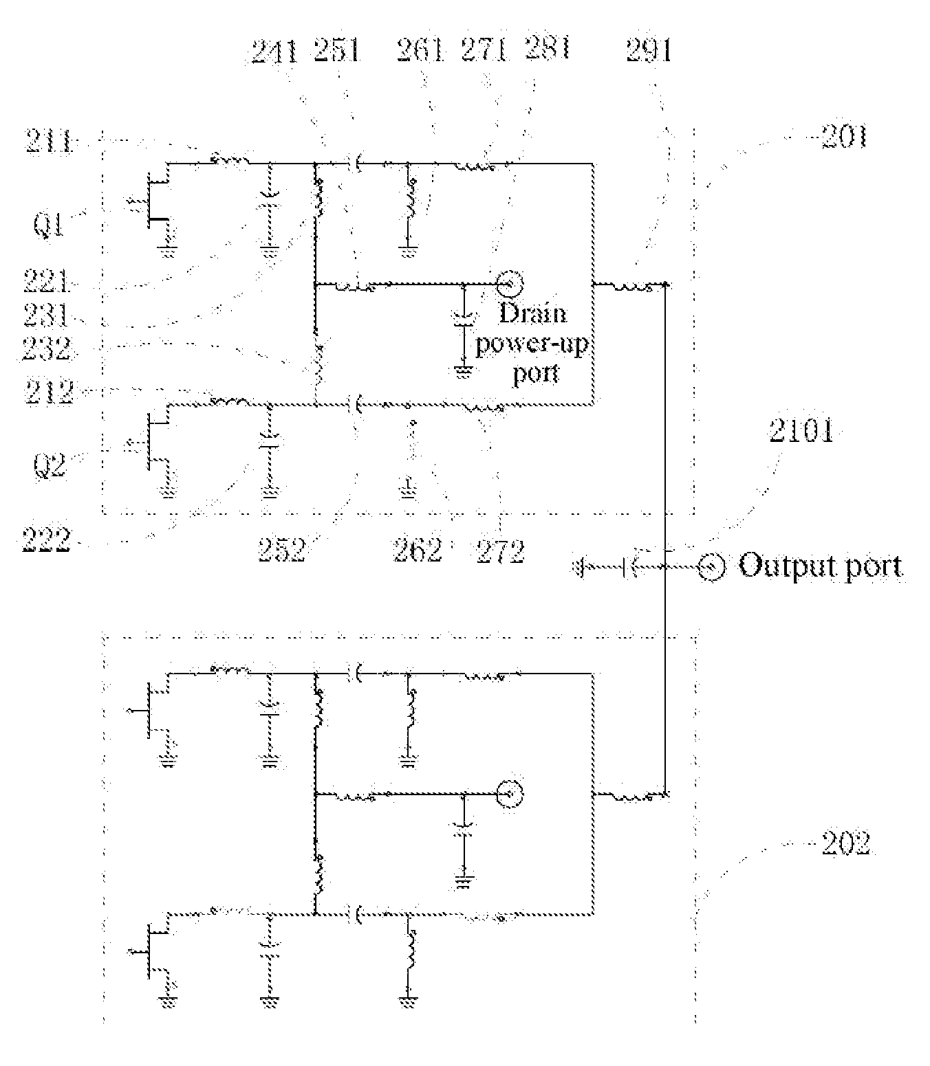 Amplifier circuit with cross wiring of direct-current signals and microwave signals