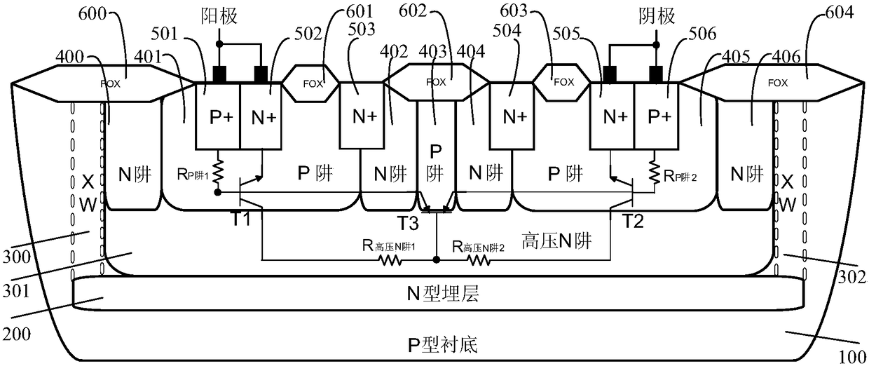 NPNPN type bidirectional silicon controlled rectifier electrostatic protection device with high maintaining voltage