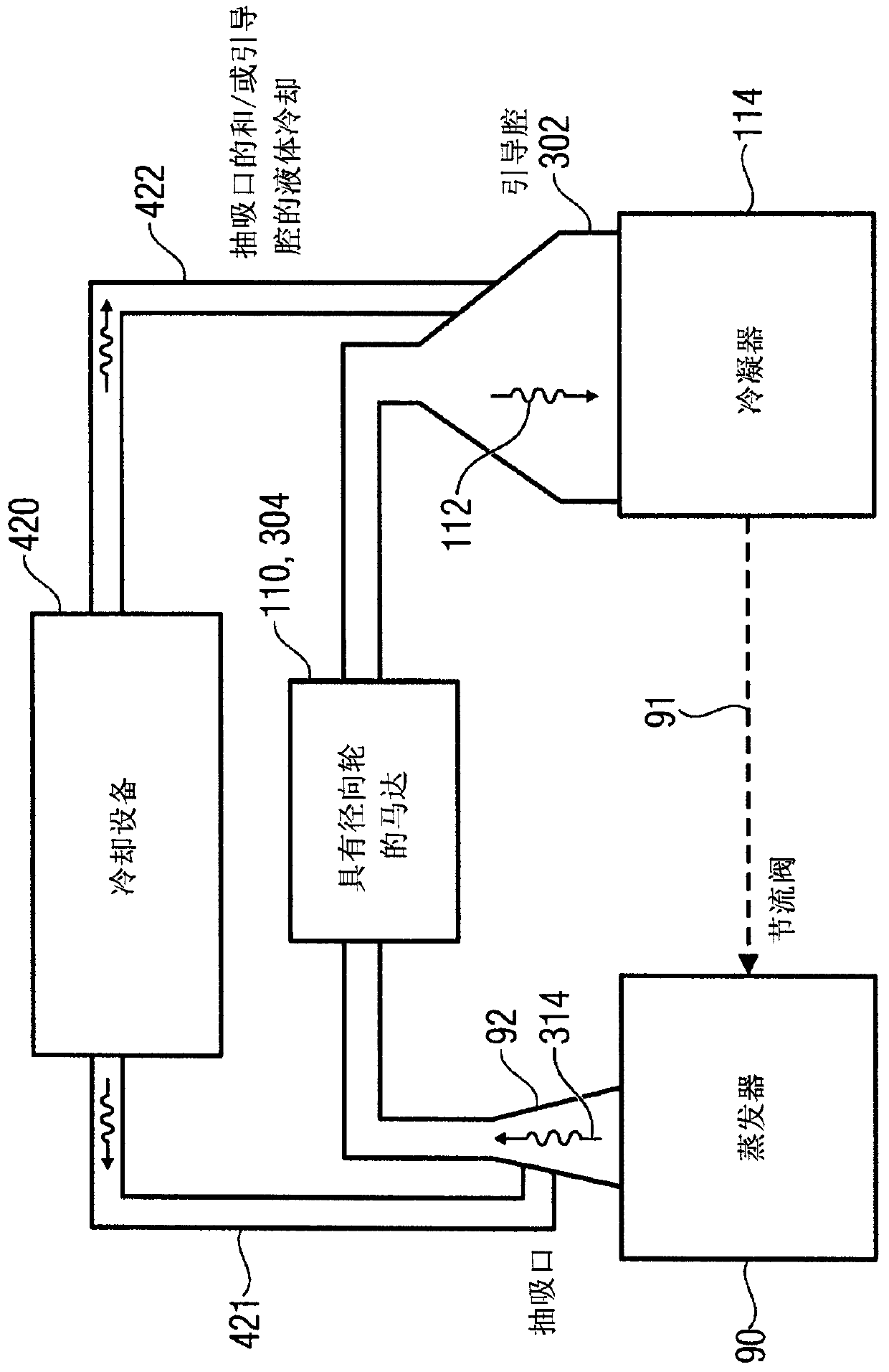 Heat pump comprising a cooling device for cooling a guide space or a suction mouth