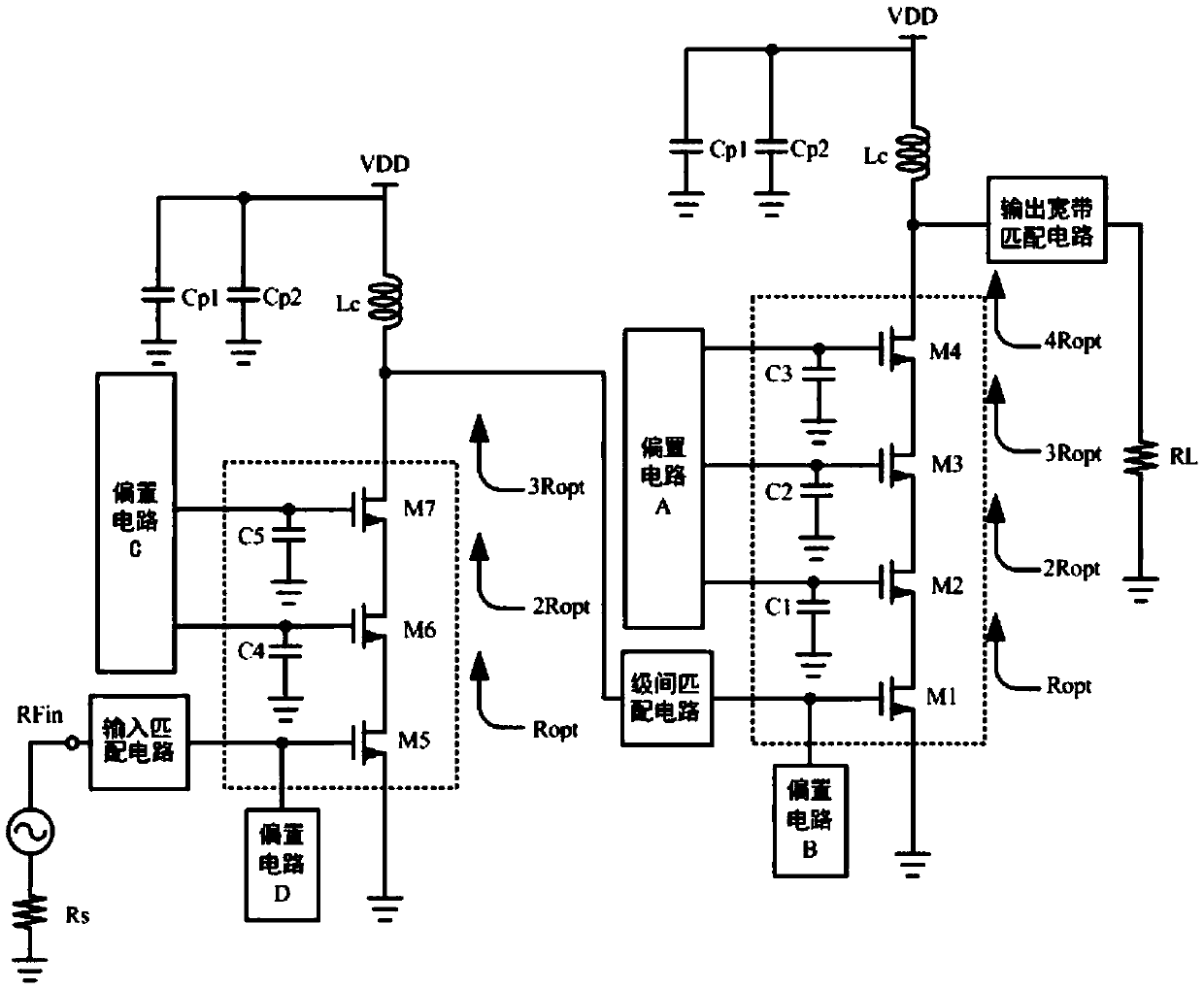 Radio frequency power amplifier in two-stage stack structure
