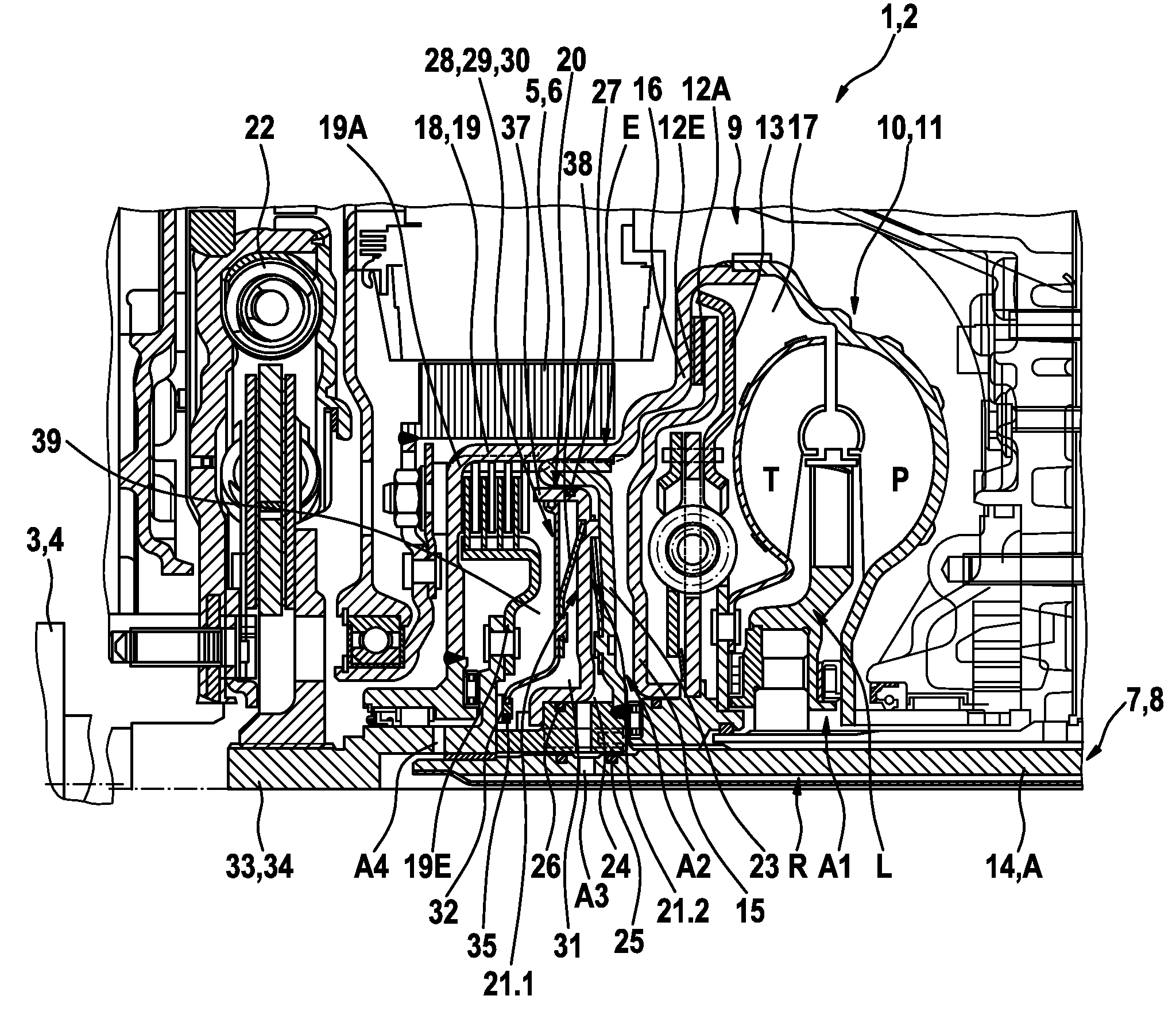 Combined power transmission, drive unit and drive train for a hybrid system