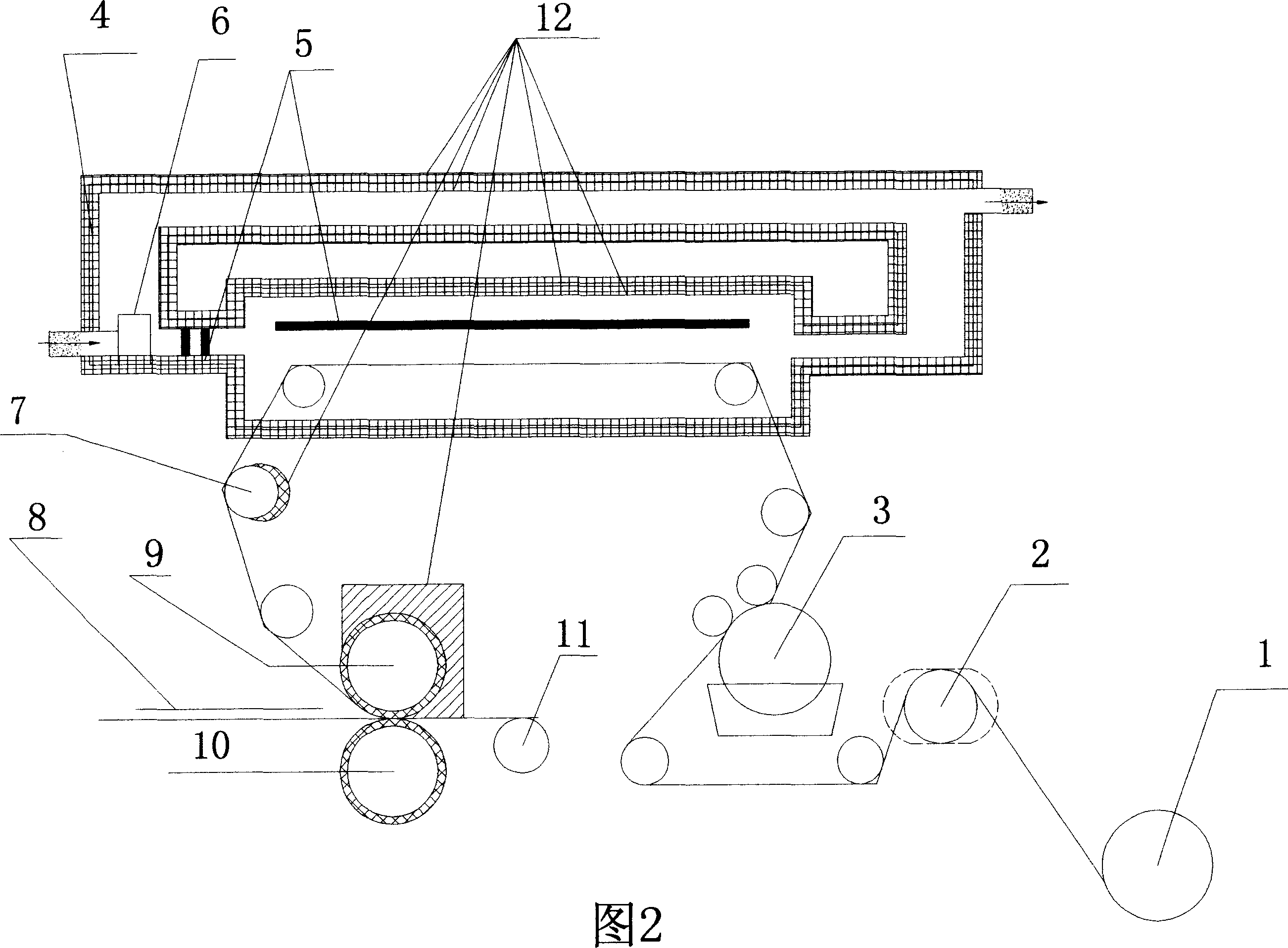 Hot pressing device for jointing overlay film dryed by drying tunnel, and method for gluing overlay film by painting water