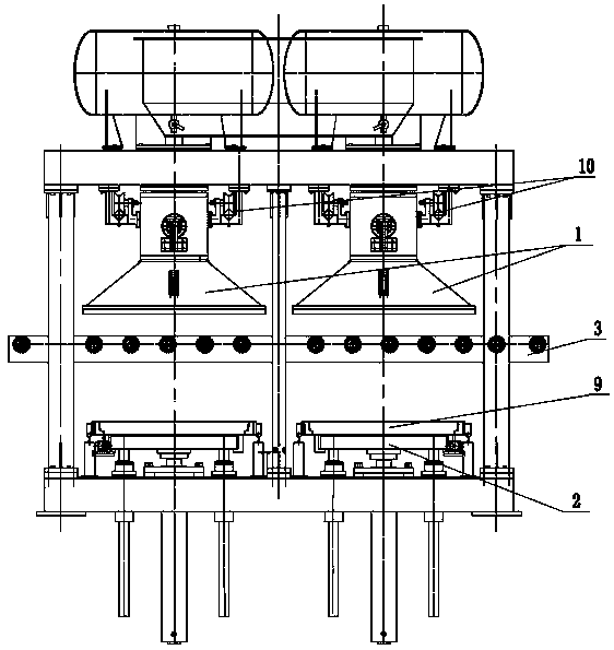 Four-template sand-covering molding machine device and working method thereof