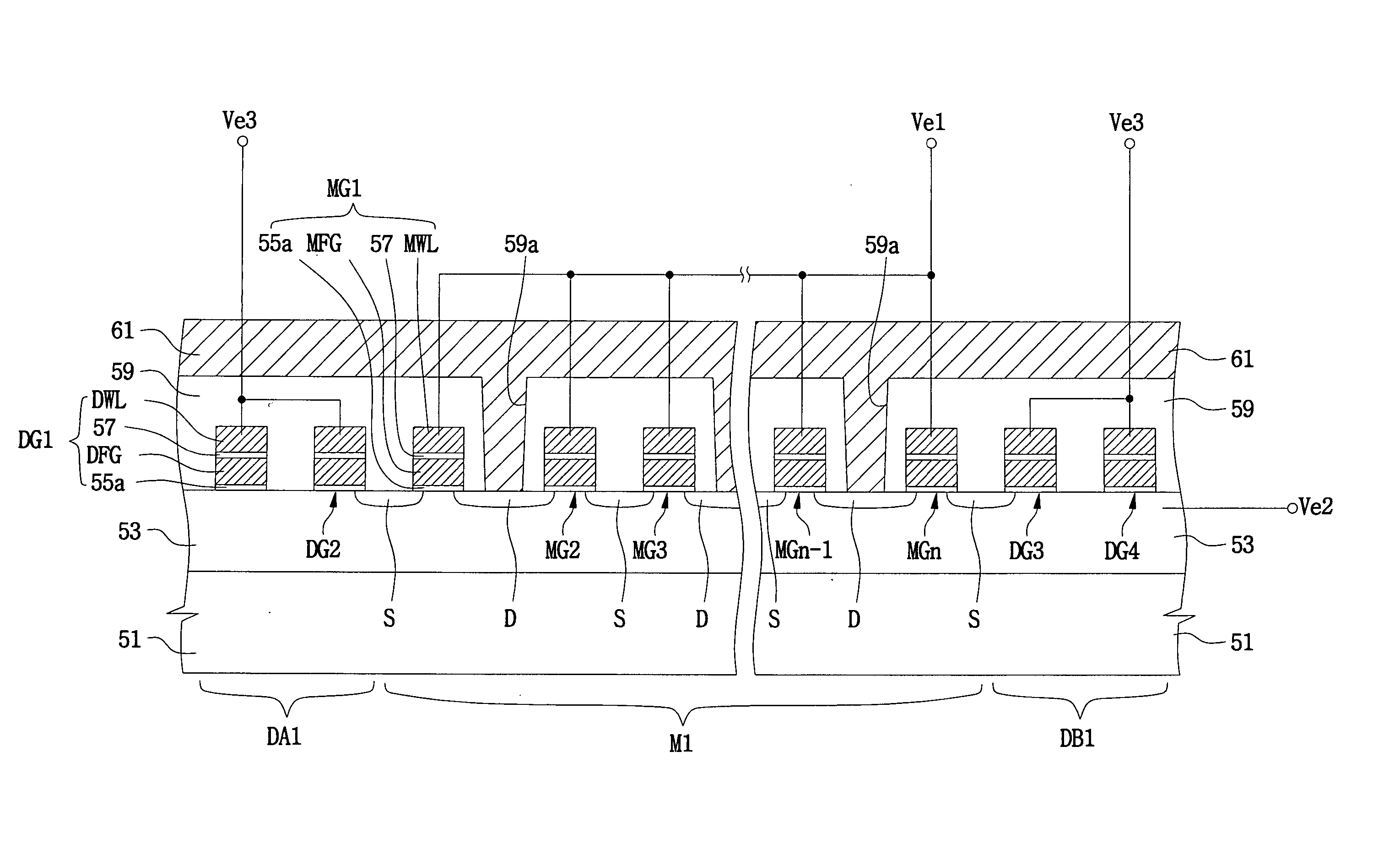 Flash memory devices including multiple dummy cell array regions and methods of operating the same