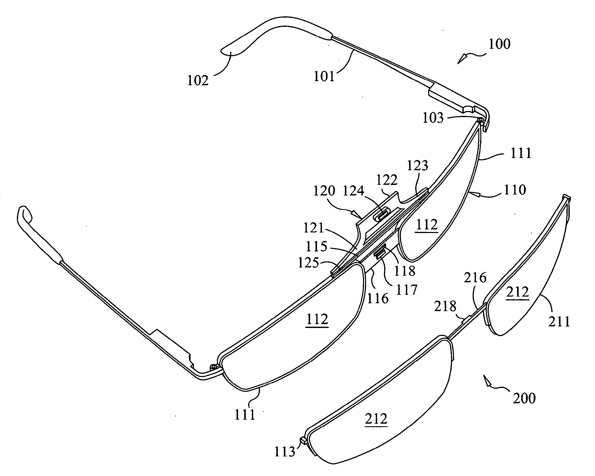 Eyeframe with Interchangeable Lenspieces Held by a Magnetic Closure and  Interchangeable Lens System