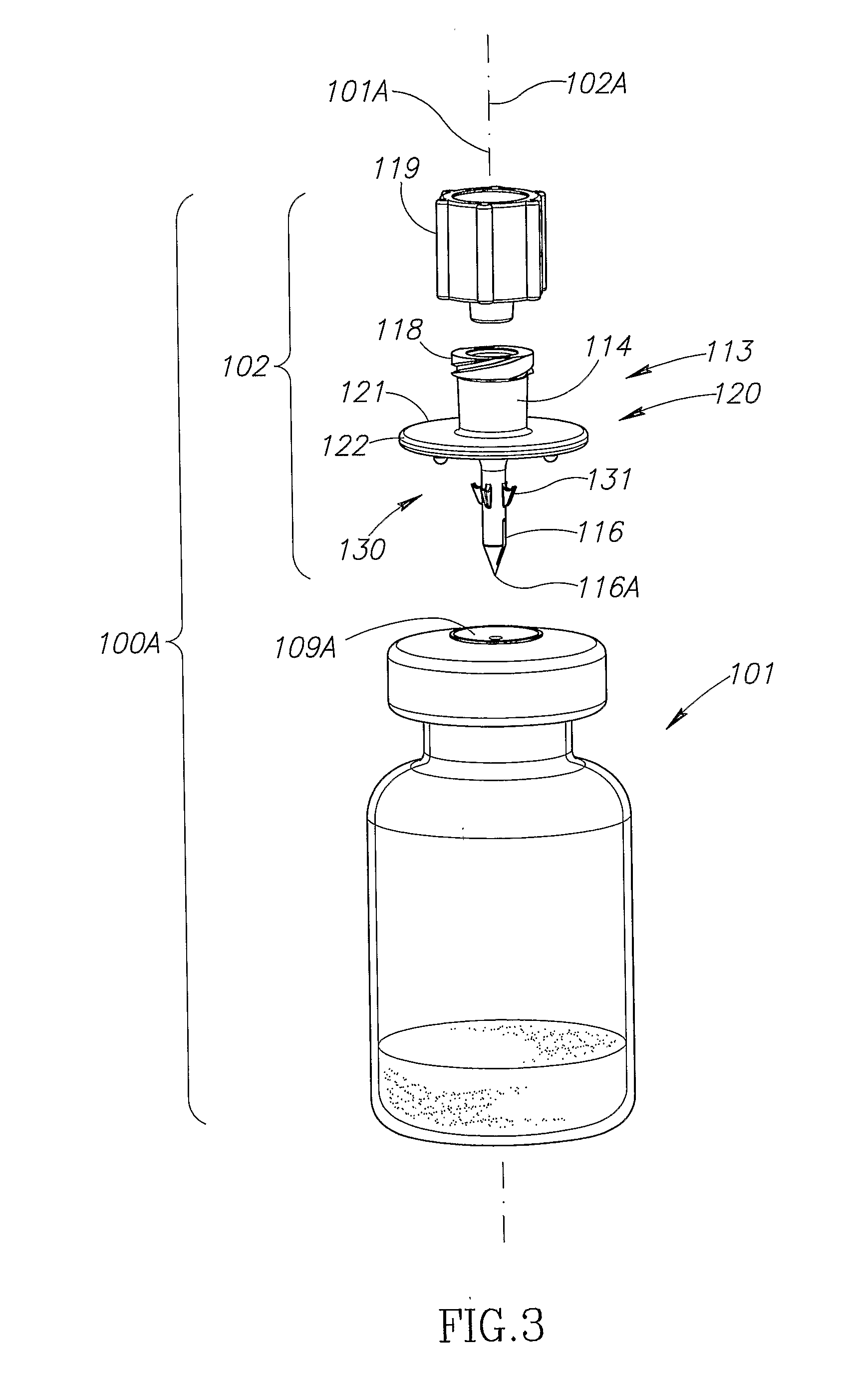 Vial assemblage with vial and pre-attached fluid transfer device