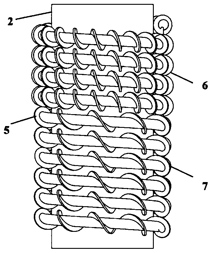 A double helical fin heat exchanger with dense top and sparse bottom