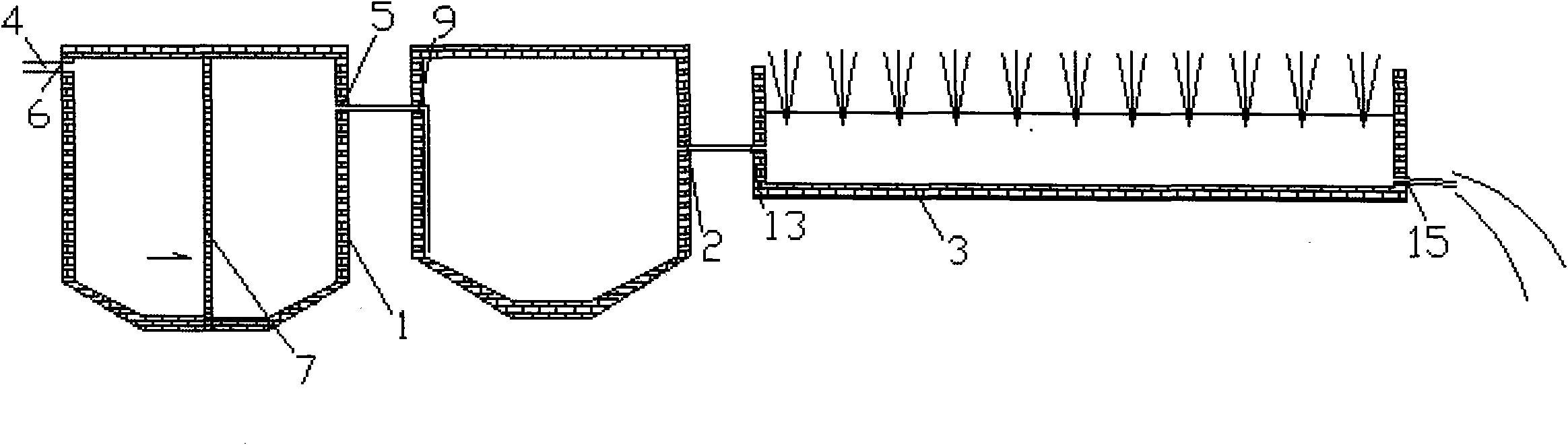 Sewage treatment system of secondary anaerobic horizontal baffling compound type artificial wetland and sewage treatment method thereof