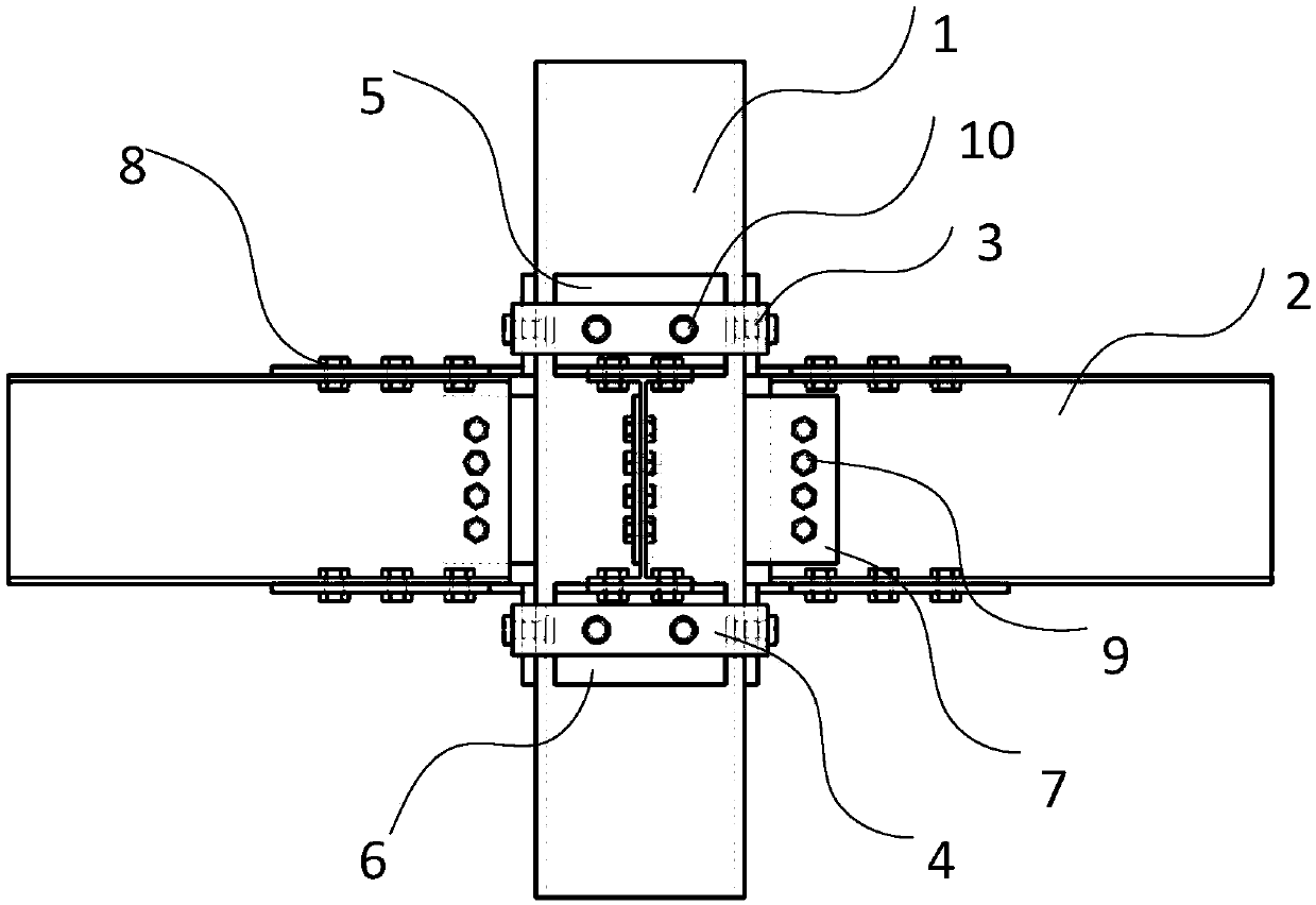 Rectangular steel pipe column-H steel beam full-bolt connection self-rigidity node and construction method