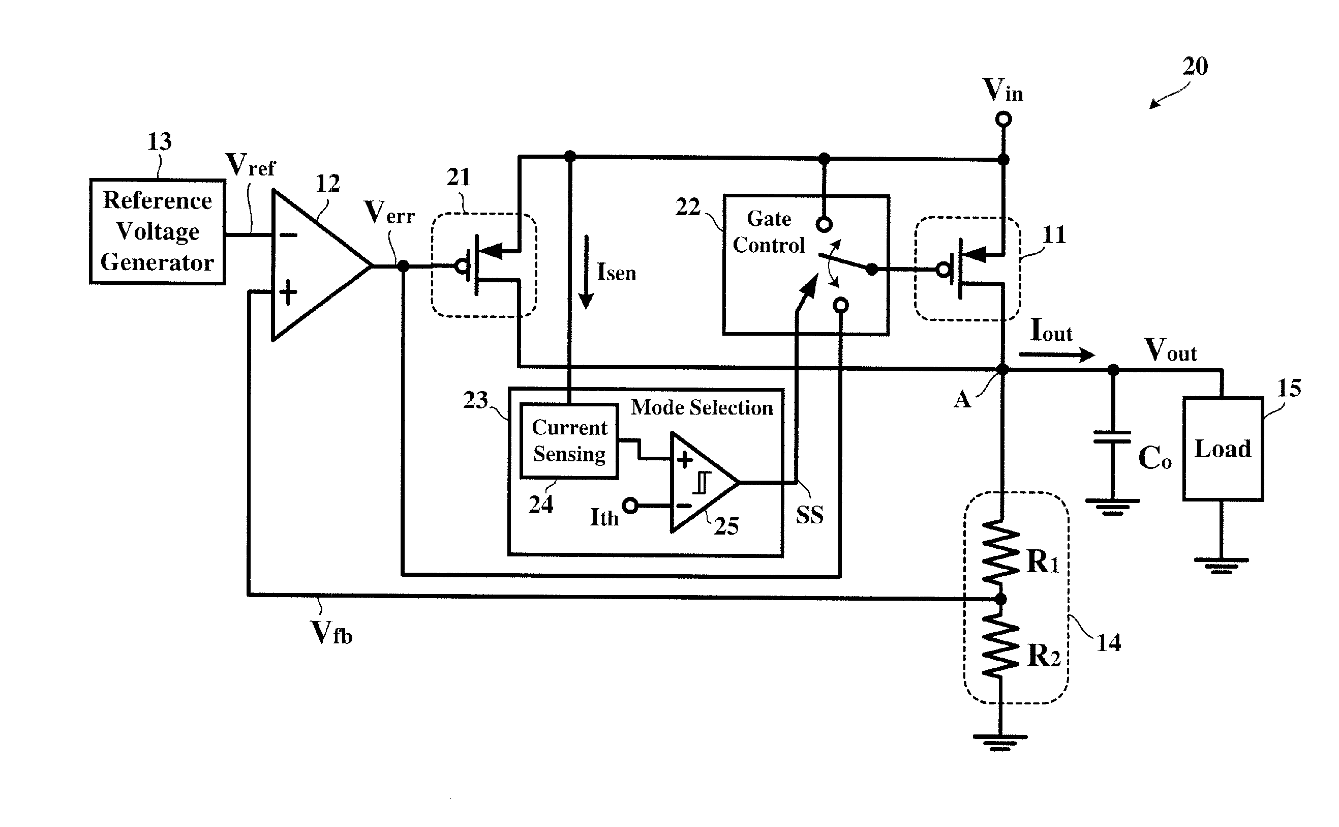 Linear voltage regulator with selectable light and heavy load paths