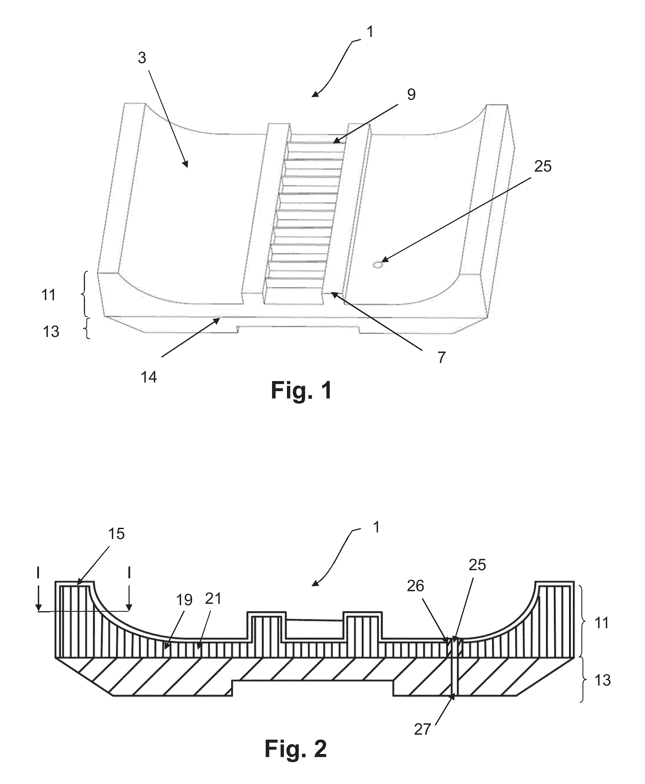 Method for manufacturing a molding element by fritting with a completely planar unfritted portion, and corresponding molding element
