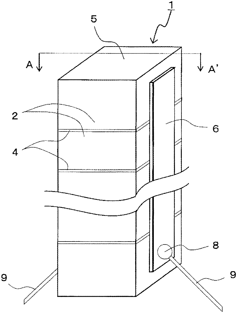 Stacked piezoelectric element, injection device using same, and fuel injection system