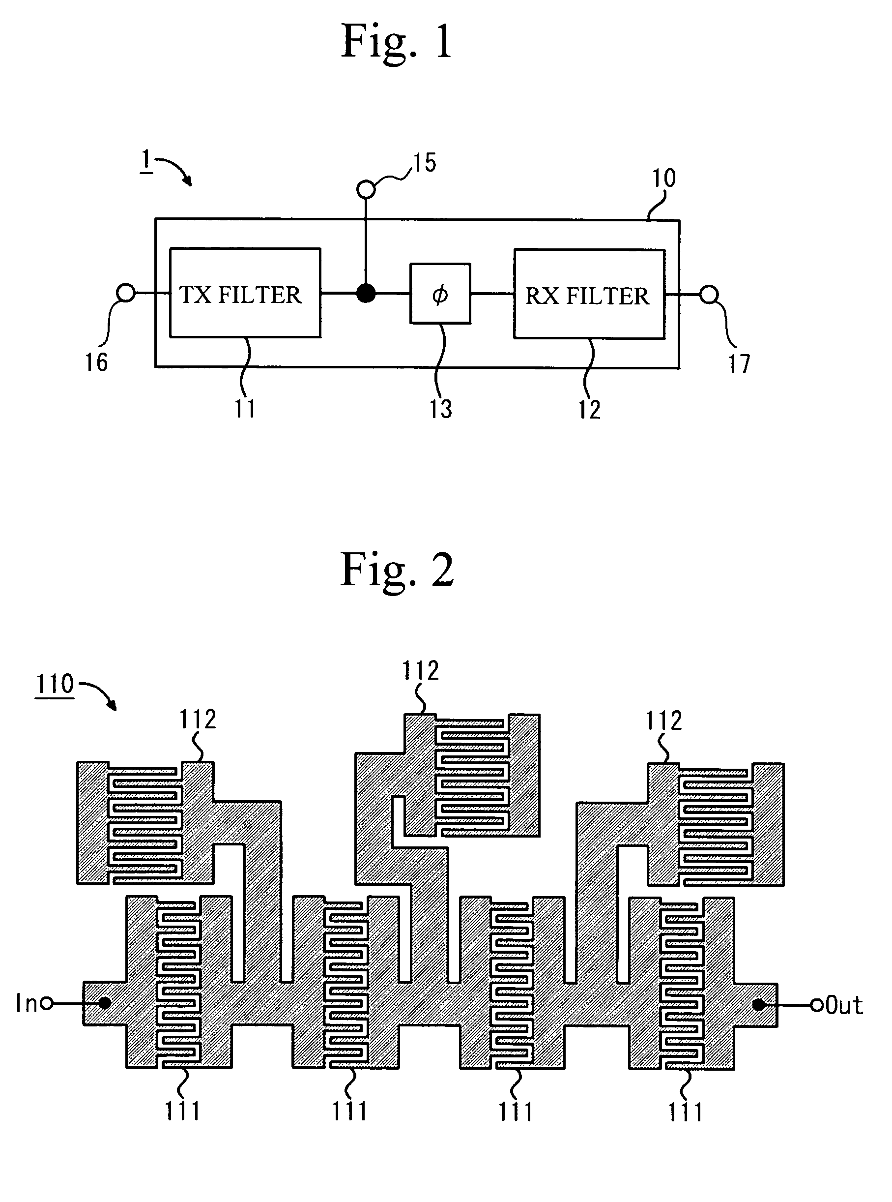 Duplexer having two surface acoustic wave filters on one substrate