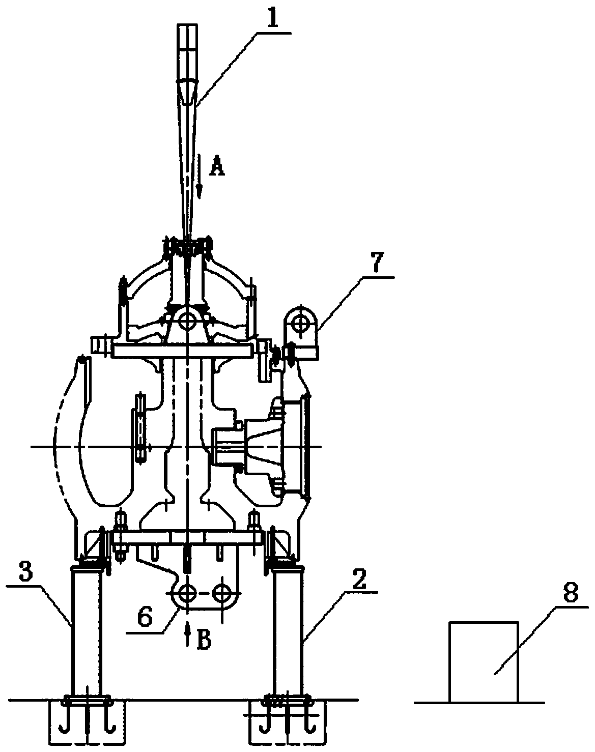 Axial flow rotary paddle turbine runner single hook turning device