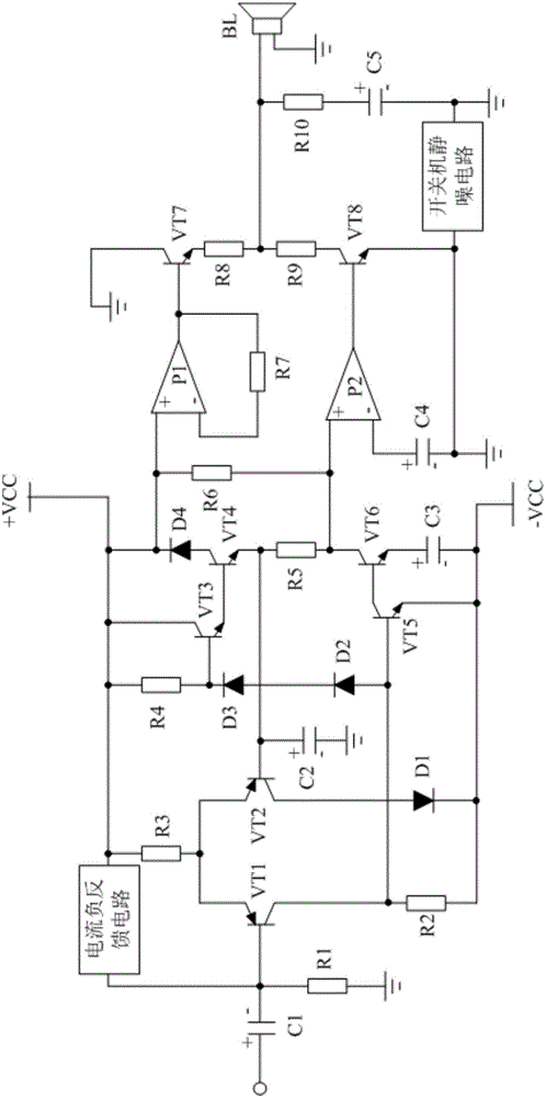 Current negative feedback type low-distortion power amplifier system based on switch-on/switch-off squelch circuit