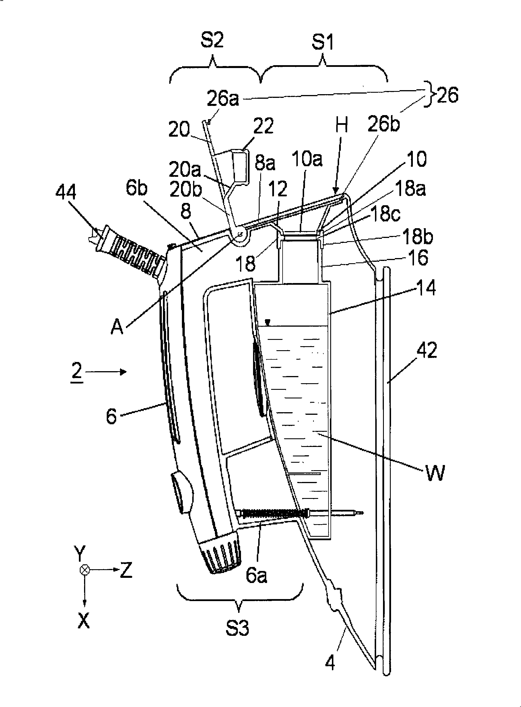 Steam ironing device comprising a rearward inlet