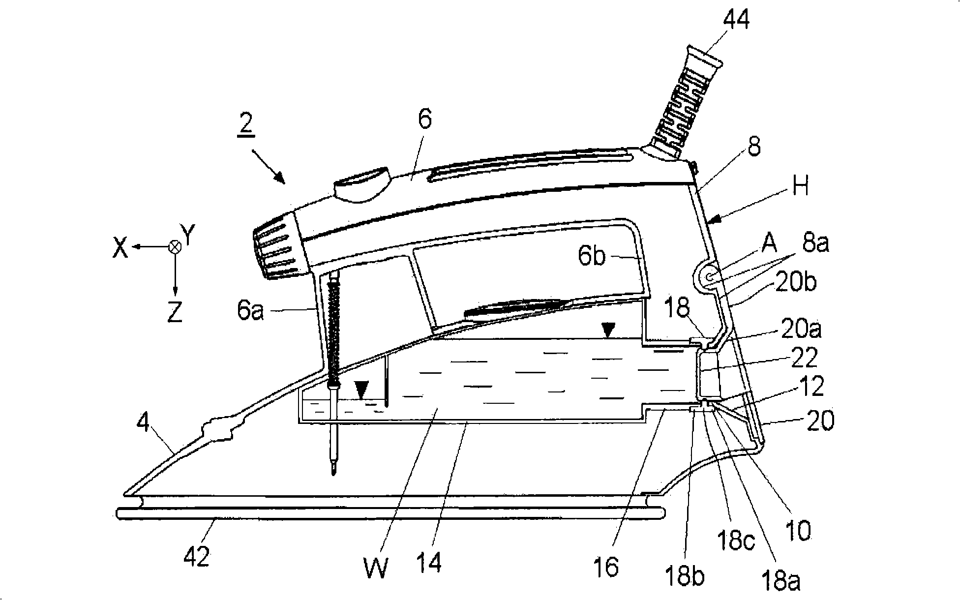 Steam ironing device comprising a rearward inlet