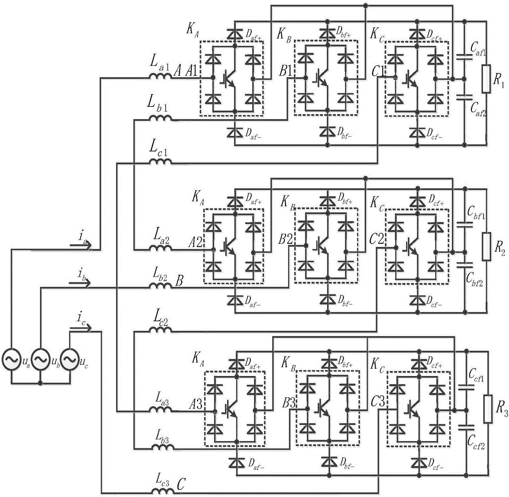 Three-phase line voltage cascading VIENNA converter