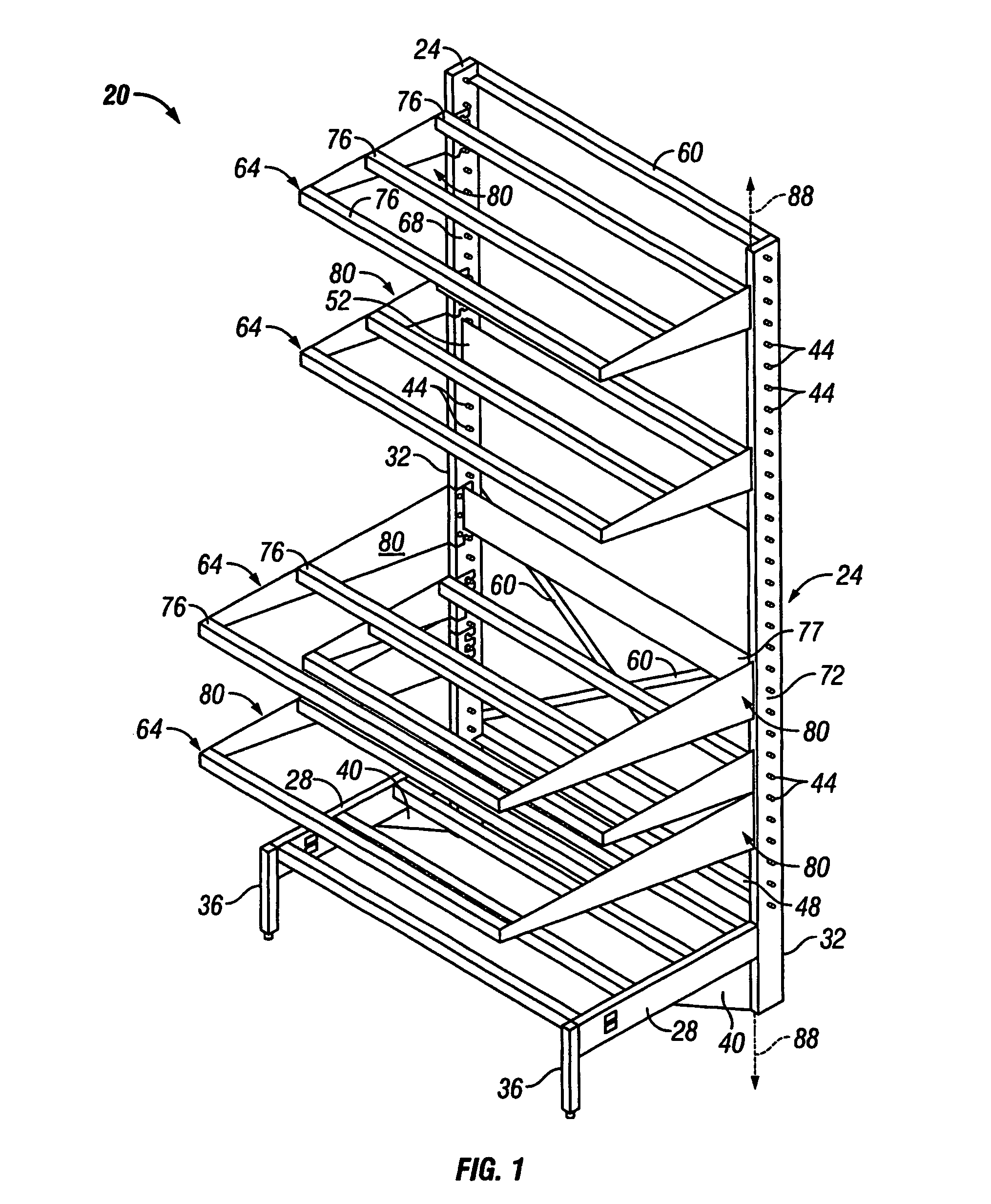 Modular cantilevered shelving assembly and method