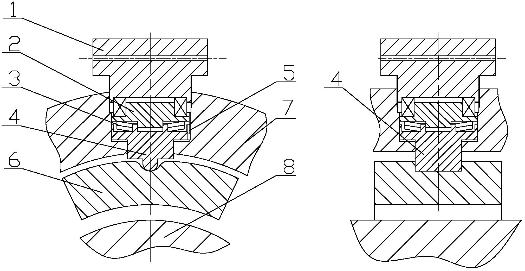 Variable-performance radial bearing formed by controllable tilting pad and bearing pad