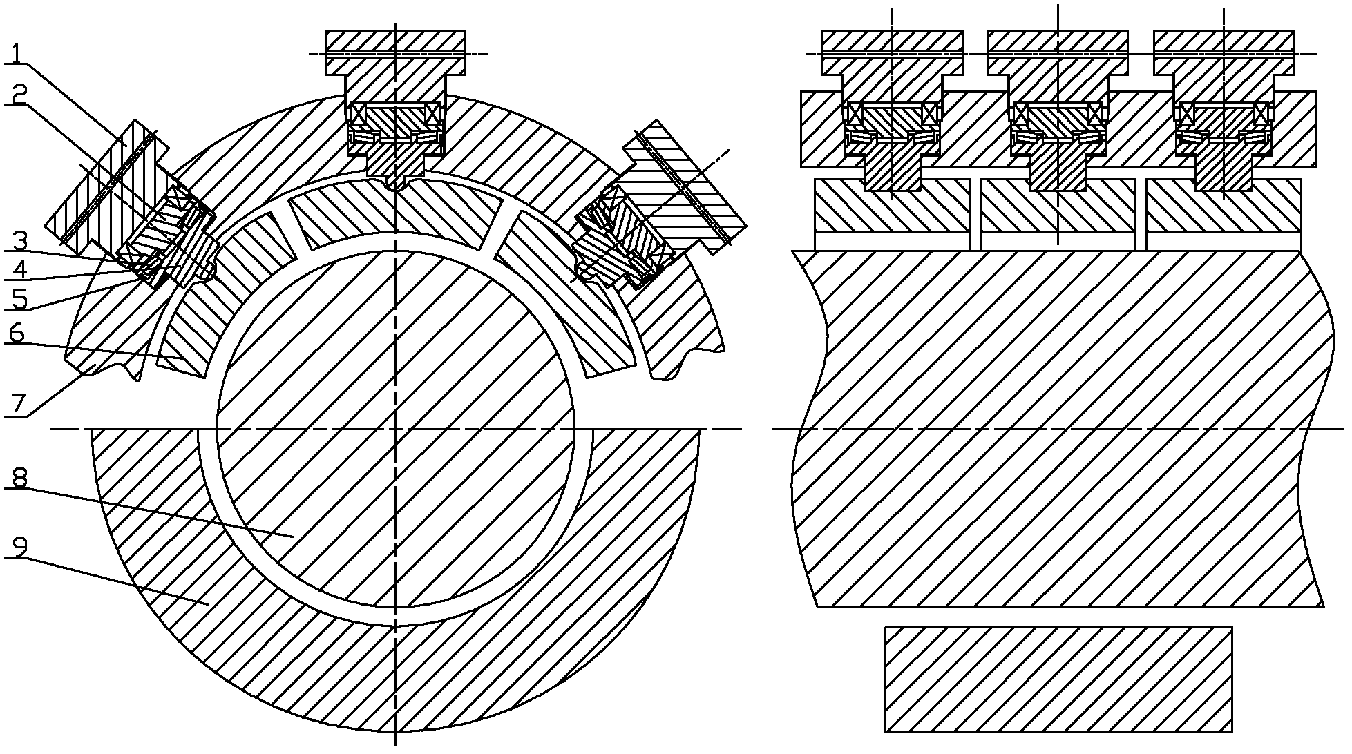 Variable-performance radial bearing formed by controllable tilting pad and bearing pad