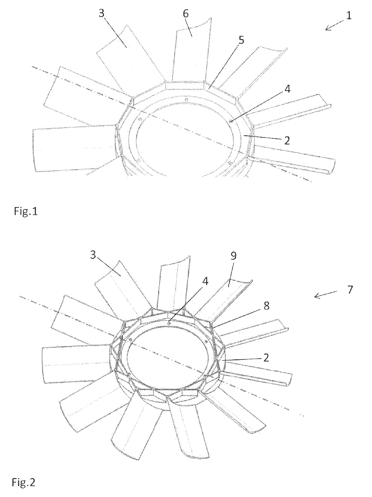 Fan wheel having a rib structure provided on a hub