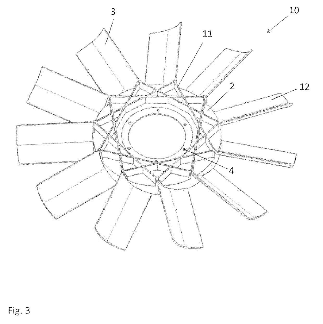 Fan wheel having a rib structure provided on a hub