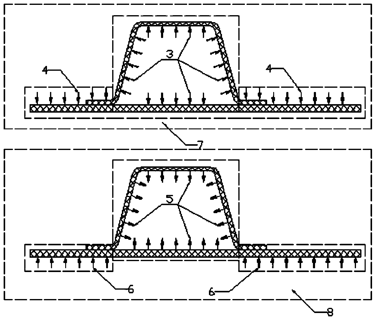 Resin flowing control method for cap-shaped additional rib wall plate RFI overall forming
