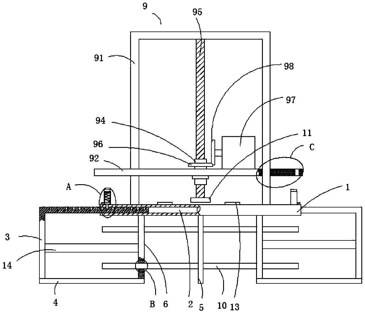 Mold frame pressing device for blister process of soft fender for heavy truck