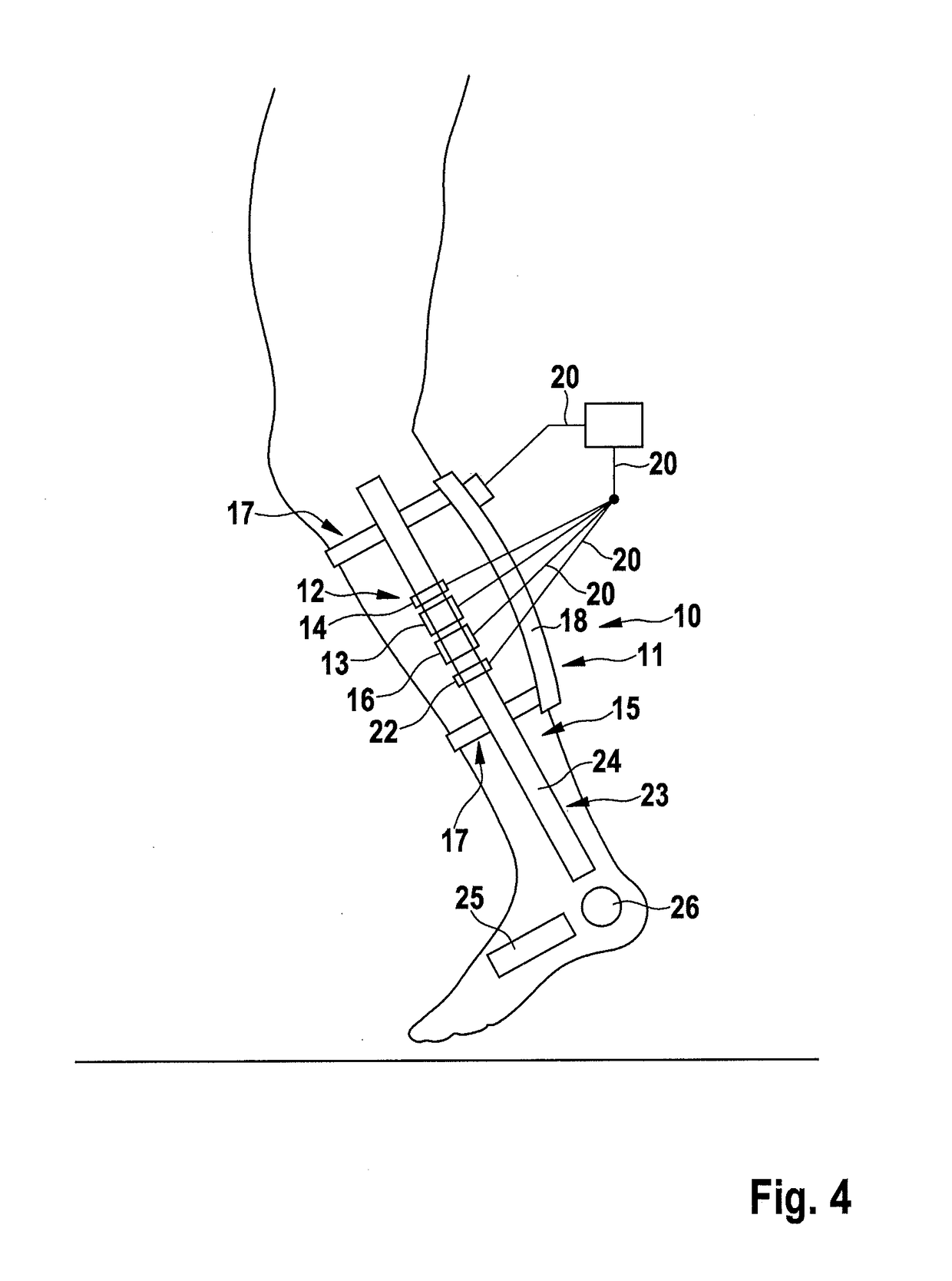 Device and method for electric stimulation of muscles involved in human physiological gait pattern and brace to support an anatomical joint with such device