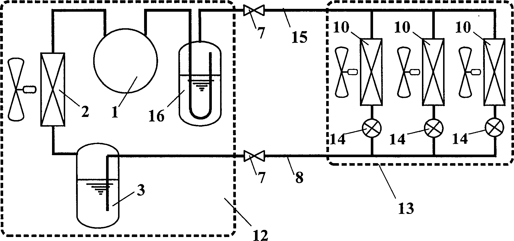 Multi-connected air conditioning unit with liquid pump to supply refrigerant