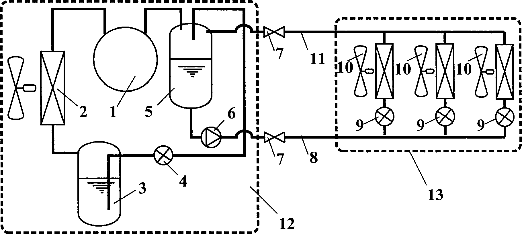 Multi-connected air conditioning unit with liquid pump to supply refrigerant