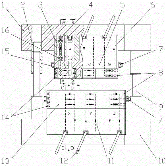 S-shaped stamping die capable of realizing uniform water cooling and partitioned cooling