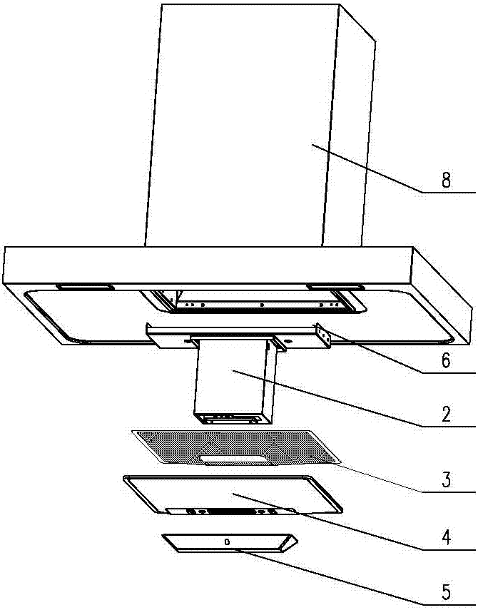 A European-style range hood with automatic opening and closing of the oil net