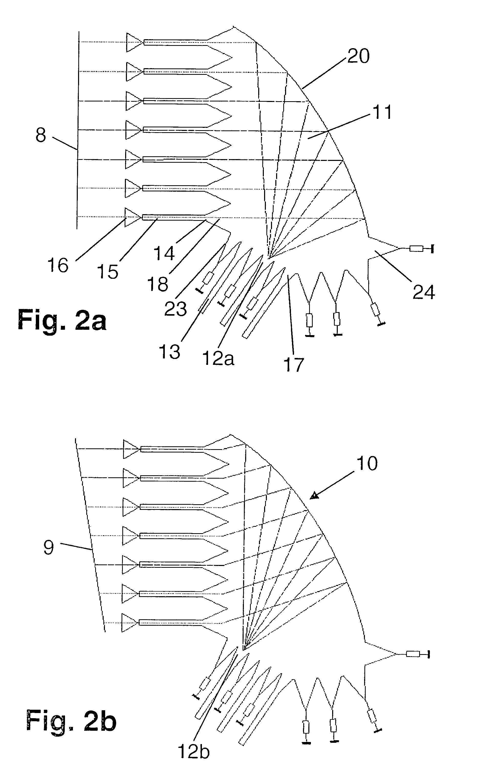 Waveguide structure for creating a phase gradient between input signals of a system of antenna elements