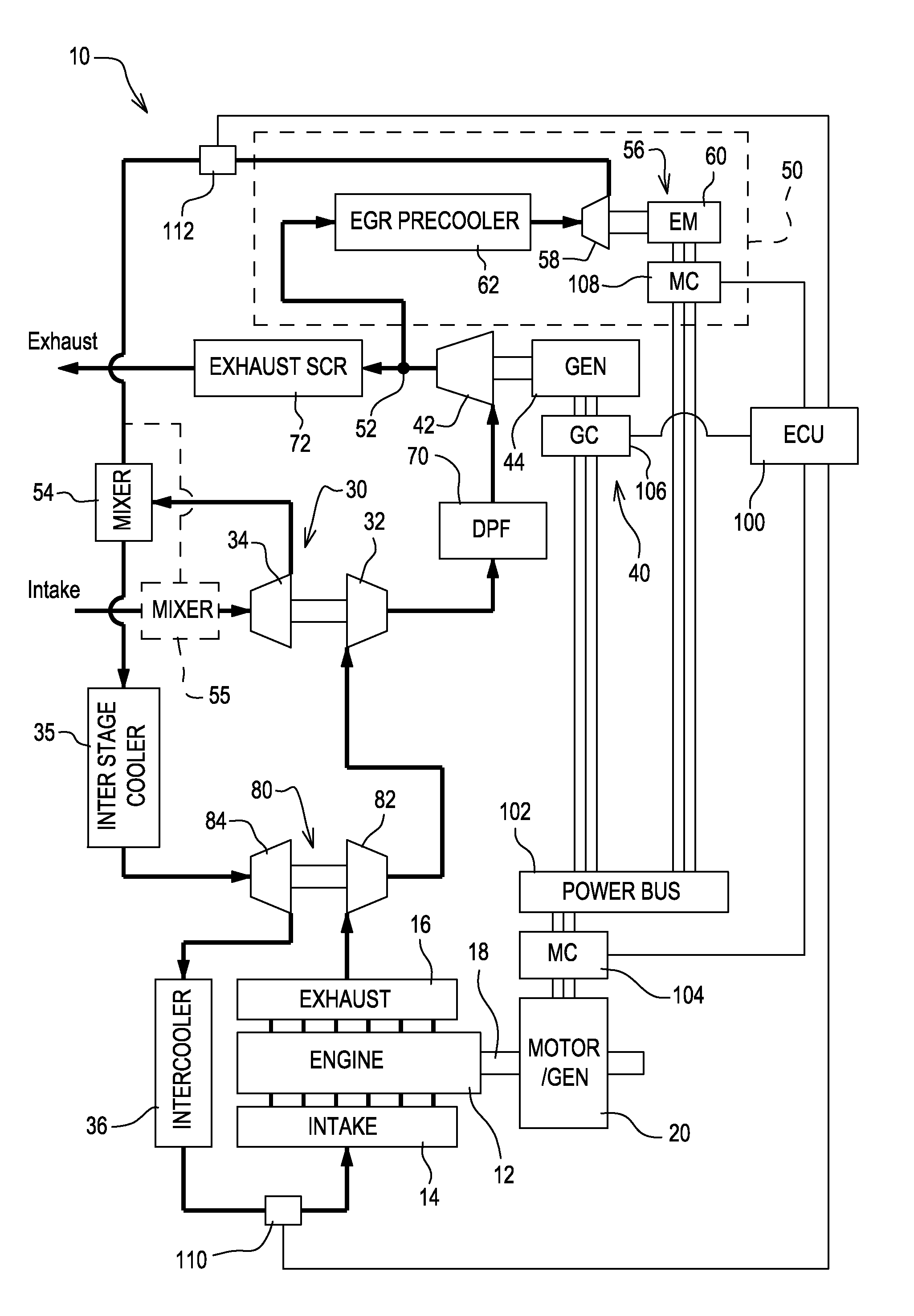 Metering exhaust gas recirculation system for a dual turbocharged engine having a turbogenerator system