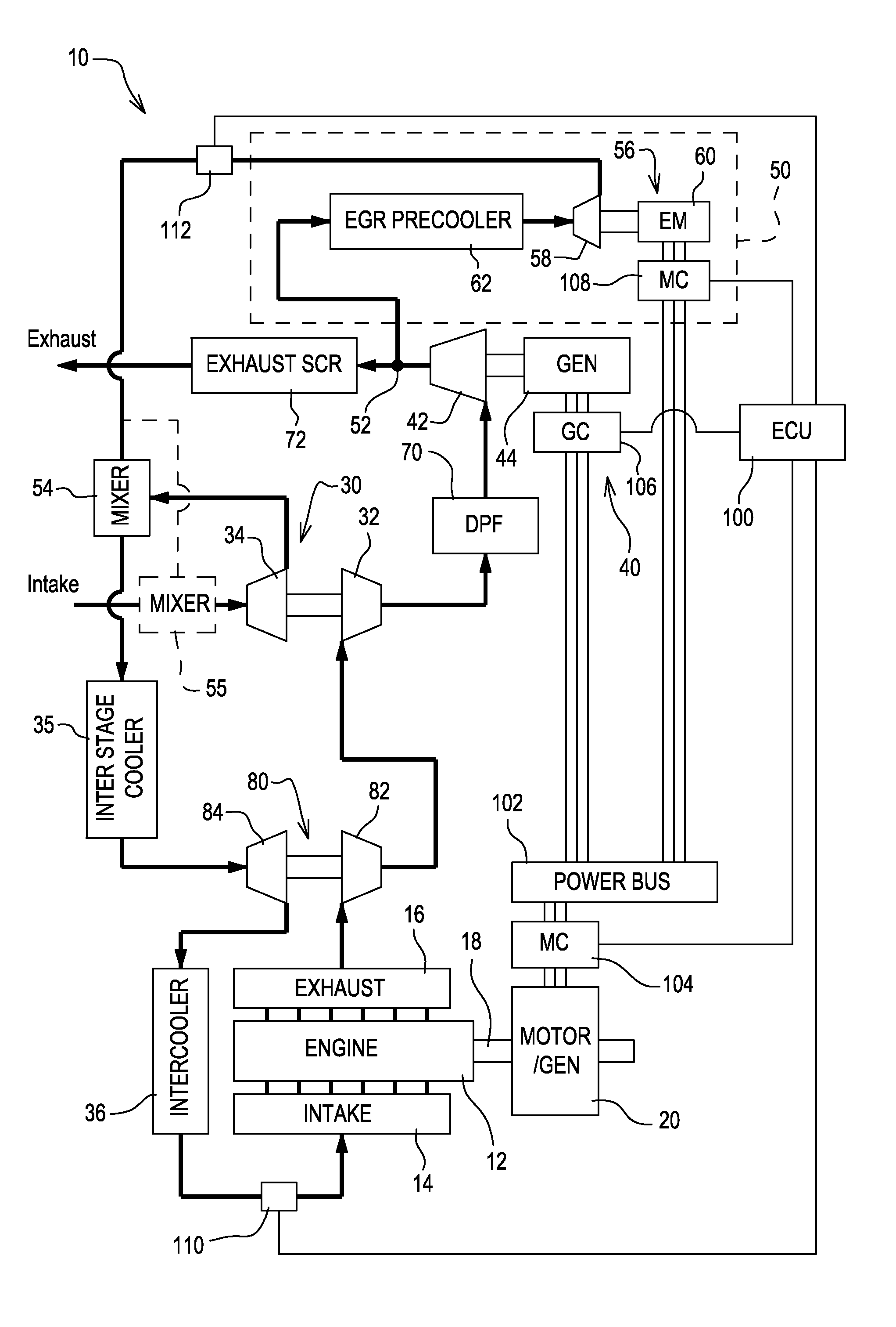 Metering exhaust gas recirculation system for a dual turbocharged engine having a turbogenerator system